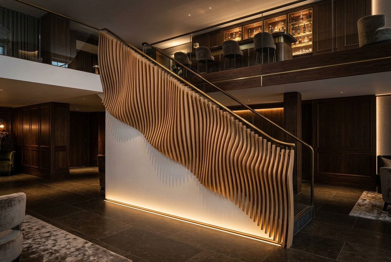 Wave balustrade running up a split-level boutique hotel stair