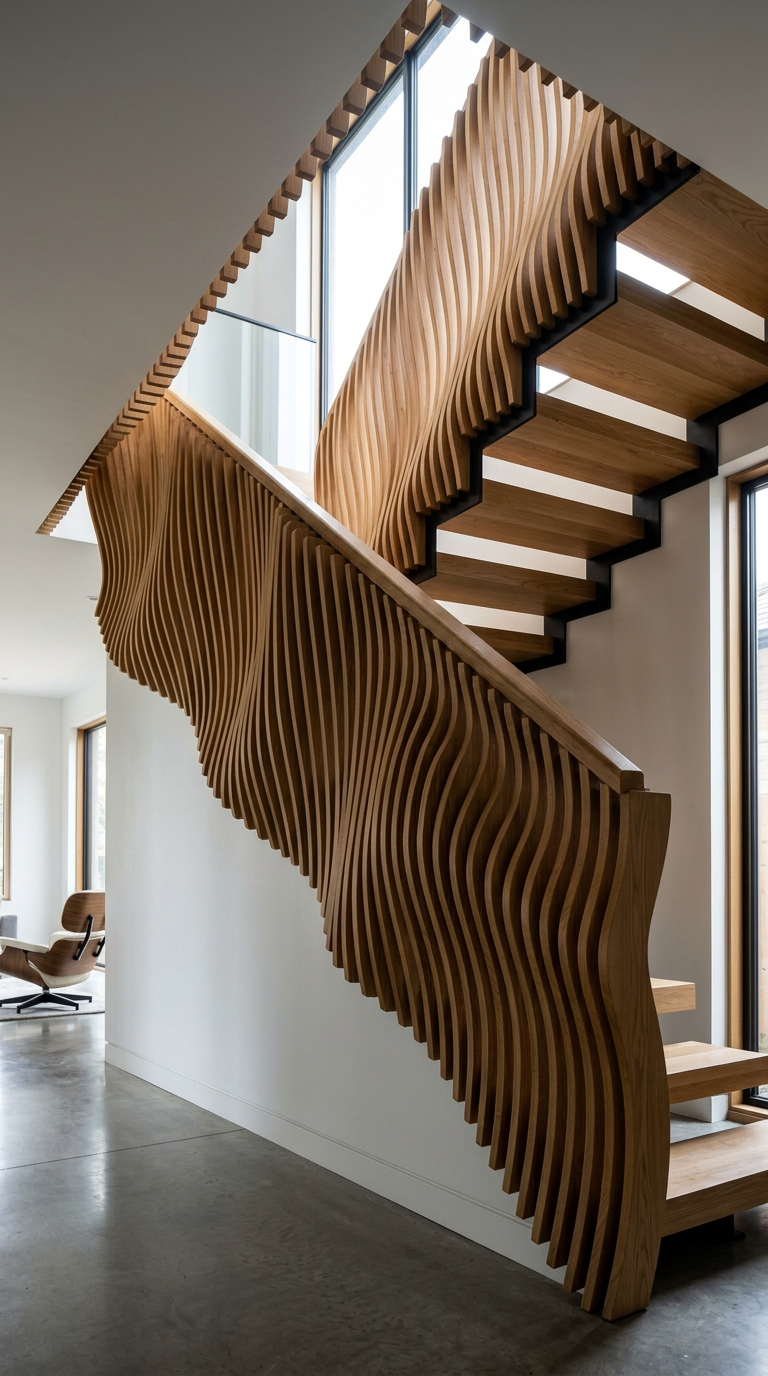 Wave balustrade viewed from the foot of the stair, looking up